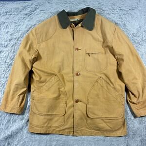 Vintage LL Bean Chore Coat Mens L Tan Barn Workwear Canvas Cordoruy Wool Lining